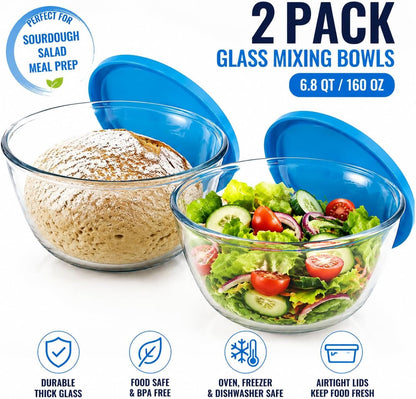 Glass Sourdough Mixing Bowls with Lids, 2-Pack Large Capacity Clear Bowls, 4.76 Quart for Bread Making, Perfect for Mixing, Proofing, Storing Dough3