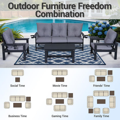 7-Piece HDPE Patio Conversation Set W/ 4 Cup Holders, All-Weather Outdoor Sectional Furniture, Thick Washable Cushions, Coffee Table & Side Table for Backyard Porch Poolside, Black3