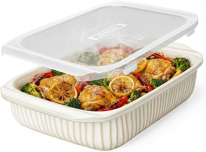 Baking Dish 5.1 Quarts, Casserole Dishes for Oven, Baking Pan with Handles, Lasagna Pan Deep, Large Casserole Dish, Rectangular Ceramic Bakeware (White, with Lid)1