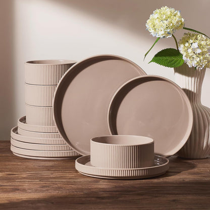 Ceramic Plates and Bowls Set, Dinnerware Sets, Ribbed Dishes for 41