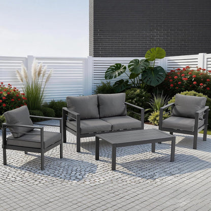 Patio Furniture Set 4 Pieces, Outdoor Sectional with Coffee Table, Metal Patio Conversation Set with Washable Covers for Porch, Balcony, Deck, Grey2