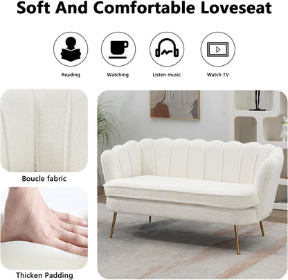 59" Small Modern Chenille Loveseat Sofa, 2-Seater Sofa with Gold Metal Legs, Small Couch with Flower Shaped Back for Living Room Bedroom Office (Ivory)4