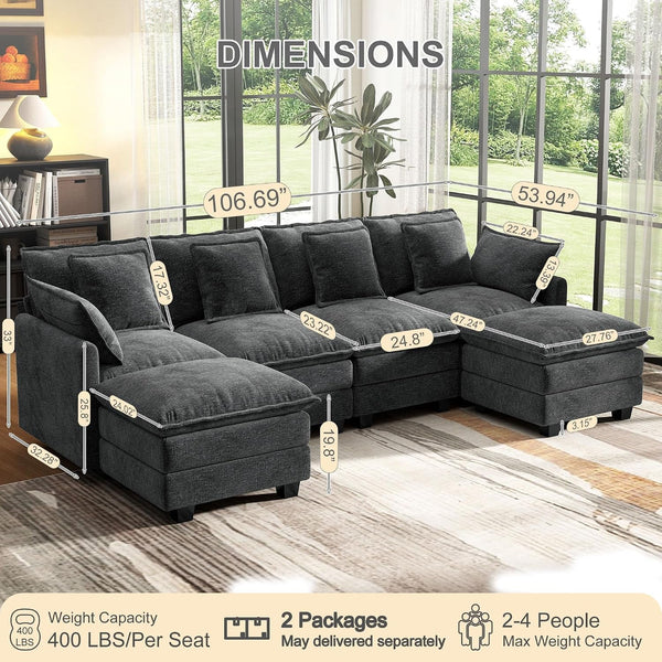 107" Cloud Couch Sectional Modular Sofa, Deep Seat Couches with Ottoman and Removable Washable Pillows for Living Room, Bedroom, Apartment, Black2