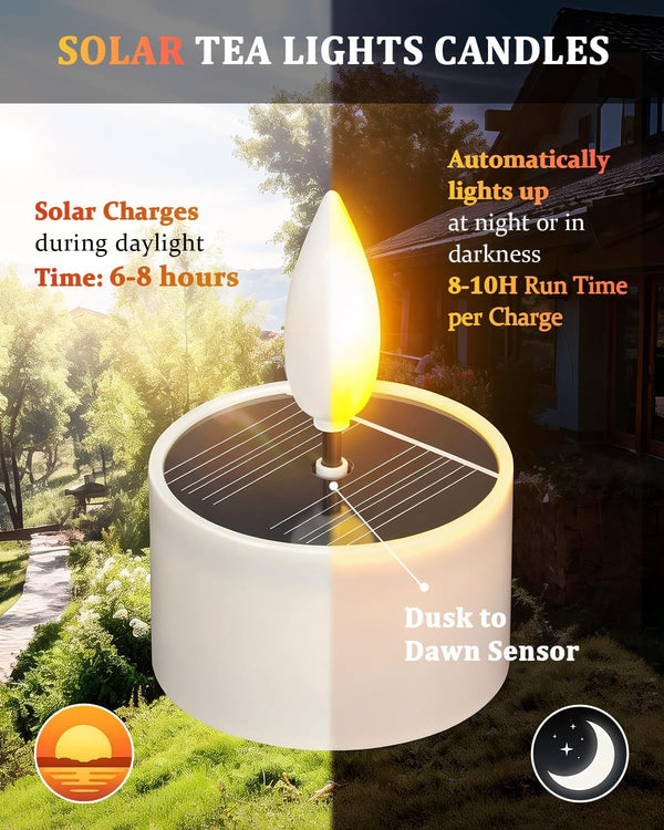 Solar Tea Lights Outdoor Waterproof, 12 Pcs 1.5" D X 2.1" Reusable Dusk to Dawn Flickering Small LED Tealight Candles, Flameless Votive Candle for Lanterns Patio Garden Camping Décor3
