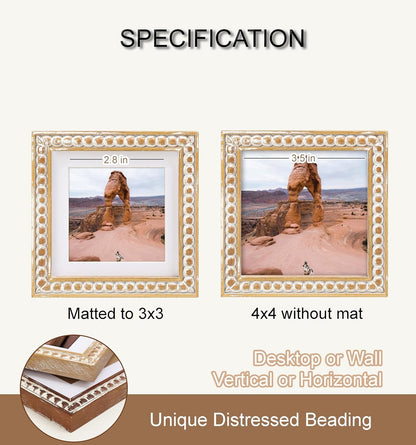 Square 4X4 Rustic Picture Frame, Decorative Distressed Beaded Detailing, Natural Pine Wood with Real Glass, Matted to 3X3 Photo, Gallery Wall and Tabletop Display, Natural3