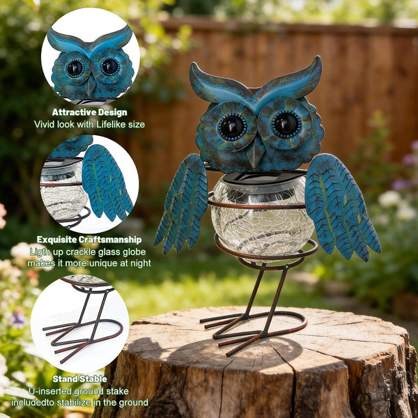 Solar Lights Outdoor Garden Owl Decor, Vibrant Blue Metal Owl Solar Light Waterproof with Glowing Crackle Glass Globe, Yard Art Statue for Lawn Porch Patio Garden Gifts2