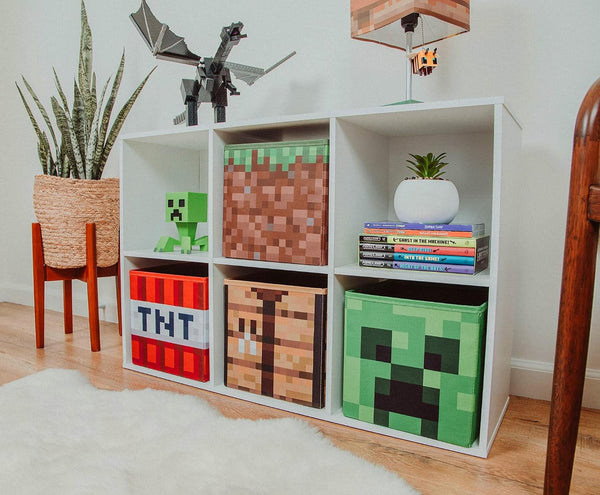 Minecraft 10-Inch Storage Set of 4 Bins | Includes Creeper, TNT, Grass, Crafting Table | Fabric Basket Container, Cubby Closet Organizer, Home Decor for Playroom | Video Game Gifts and Collectibles4