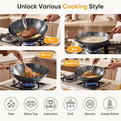 13.5" Carbon Steel Wok Pan, Pre-Seasoned Flat Bottom Wok for Stir Fry, BBQ, Grill & Camping, Compatible with Induction, Electric, Gas and Open Fire, Black5