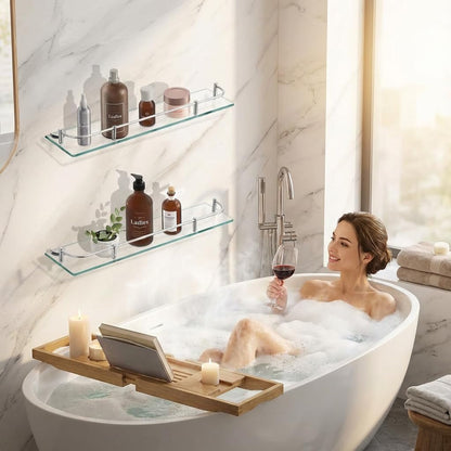 Glass Bathroom Shelves, Rectangular Tempered Glass Floating Shelves for Wall with 304 Stainless Steel Rail and Zinc Alloy Bracket, 2 Pack3