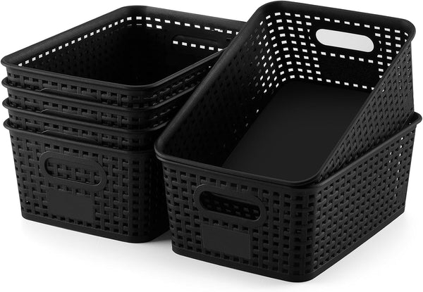 Plastic Storage Baskets 6 Pack Sturdy Storage Organizer Basket Woven Plastic Storage Bins for Shelves,Closet,Countertops, Desktops, Cabinets and Badrooms,Saving Storage, Stylish Design,Black7