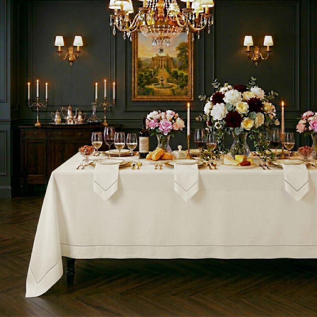 signature-linen™-by-dmoksha-ivory-tablecloth-rectangle-tablecloth-60-x-90-inch-100-pure-linen-hemstitch-machine-washable-table-cloth-for-dining-fall-weddings-outdoor-hosting