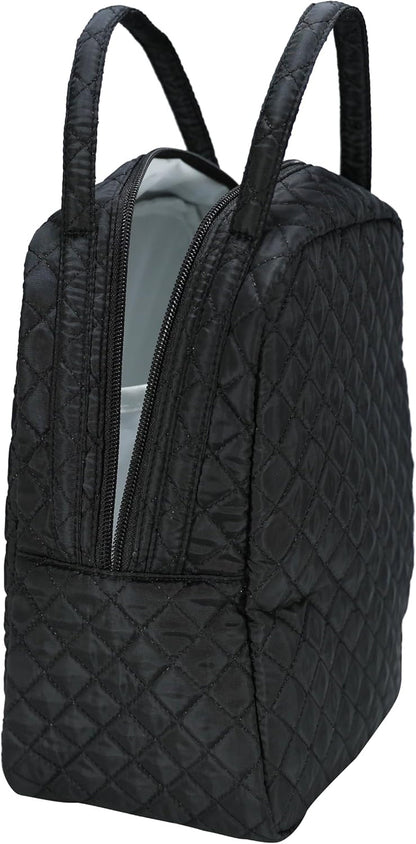Large Quilted Fabric Cotton Reusable Inusulated Lunch Tote Bag Cooler Snack Bag Women Pretty Thermal Lunch Box Storage Gift Bag for Work & Outdoor (Black)7