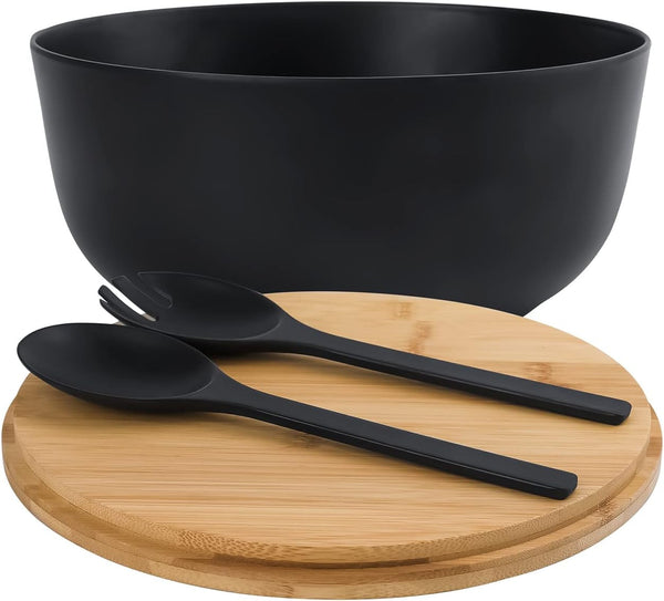 Bamboo Fiber Salad Bowl with Servers Set Large 9.8 Inches Nature Bamboo Mixing Bowl with Servers with Lid Spoon and Fork for Fruits,Salads and Vegetables2