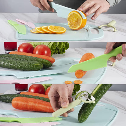 5-Piece Kids Knifes Set, Kitchen Knife and Cutting Board Set | Children'S Cooking Knives in 5 Sizes & Colors/Firm Grip, Serrated Edges Bpa-Free Kids Knives Lettuce and Cutting Board Peeler4