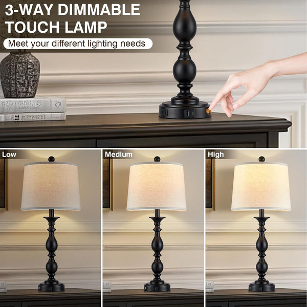 28" Black Modern Table Lamps Set of 2 with USB C+A Ports and AC Outlet, 3 Way Touch Control Tall Bedside Lamps for Bedroom, Metal Farmhouse Nightstand Lamps for Living Room2