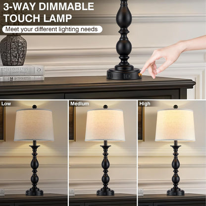 28" Black Modern Table Lamps Set of 2 with USB C+A Ports and AC Outlet, 3 Way Touch Control Tall Bedside Lamps for Bedroom, Metal Farmhouse Nightstand Lamps for Living Room2