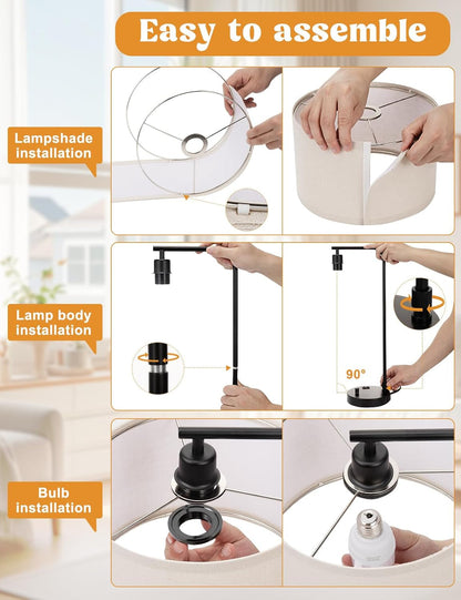 20.7" Tall Table Lamp with USB & Outlet, Fully Dimmable Nightstand Lamp | Linen Lampshade, USB Port and Outlet, Black Desk Lamp for Bedside, Living Room, Guest Room, Home Office, LED Bulb Included6