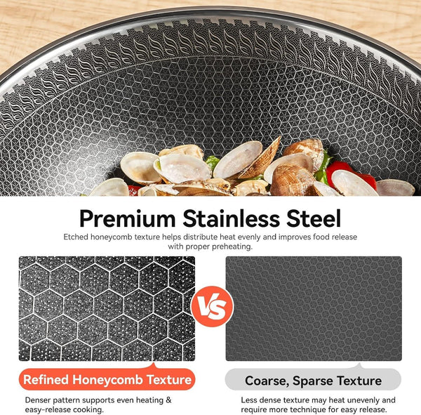 Stainless Steel Wok Pan with Lid, 12.6 Inch Honeycomb Hybrid Nonstick Stir Fry Pan, Tri-Ply Clad Skillet for Induction Electric Gas Stove, Dishwasher Safe, No Seasoning Needed (Serves 3-4)6