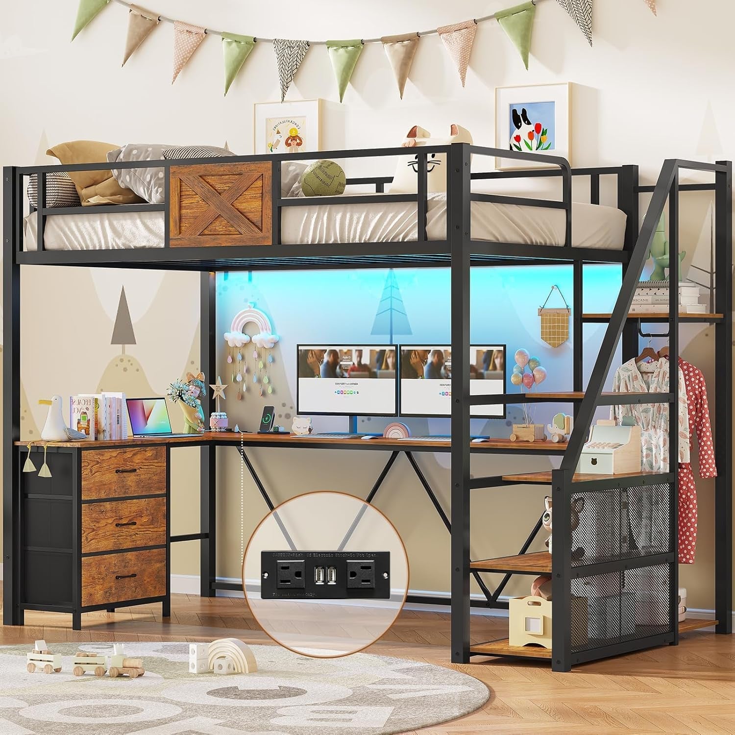 stairway-twin-size-loft-bed-with-l-shaped-desk-and-wardrobe-metal-loft-bed-frame-with-storage-stairs-3-fabric-drawers-led-lights-charging-sation-rustic-brown-twin