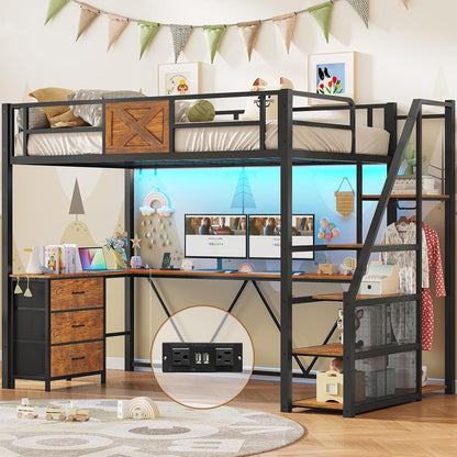 Stairway Twin Size Loft Bed with L Shaped Desk and Wardrobe, Metal Loft Bed Frame with Storage Stairs, 3 Fabric Drawers, LED Lights & Charging Sation (Rustic Brown, Twin)1