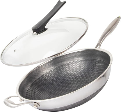 14" Honeycomb Non Stick Wok Pan Stainless Steel Stir-Fry Wok with Lid,Skillet with Stay-Cool Handle PFOA Free Suitable for Induction, Ceramic, Electric, and Gas Cooktops (Sliver, 14 Inches)1
