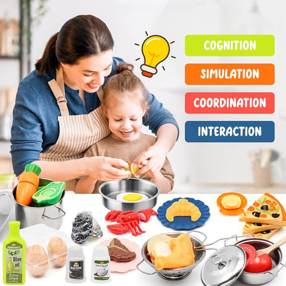 Kids Pretend Play Kitchen Accessories Set, 38Pc Play Pots Pans Set for Kids | Stainless Steel Toddler Pots Pans Kitchen Playset Toy, Cookware Cooking Utensils Play Food Dish Christmas Birthday Gift 3+5