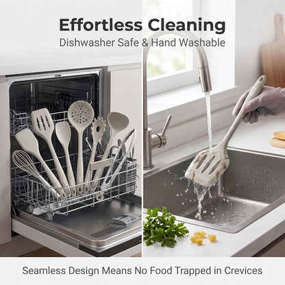 Silicone Kitchen Utensils Set, 10PCS Heat Resistant Utensils, Khaki5