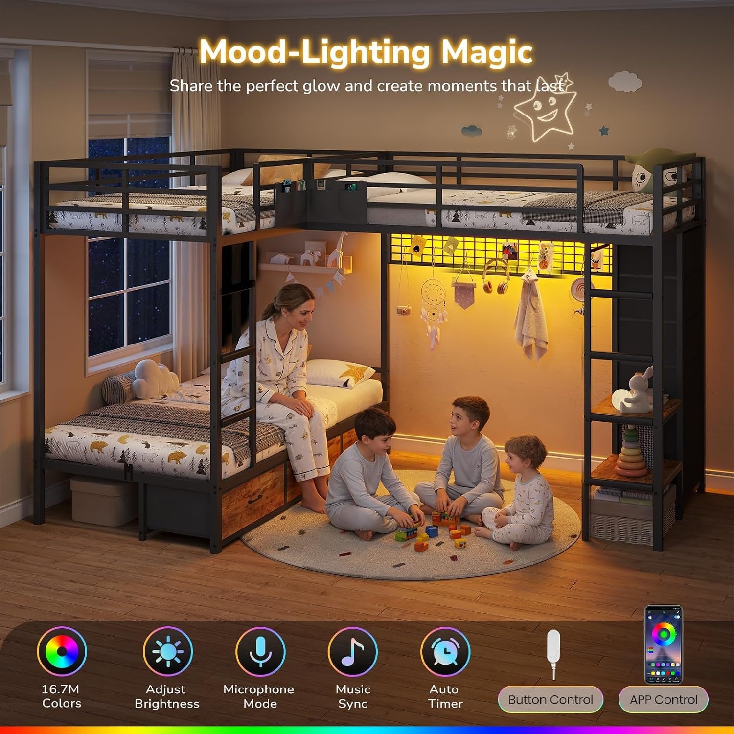 triple-bunk-bed-with-9-storage-drawers-and-led-lights-twin-over-twin-3-bed-bunk-beds-for-kids-with-shelves-and-pegboard-heavy-duty-metal-bunk-bed-with-full-length-guardrail-and-dual-ladders-black
