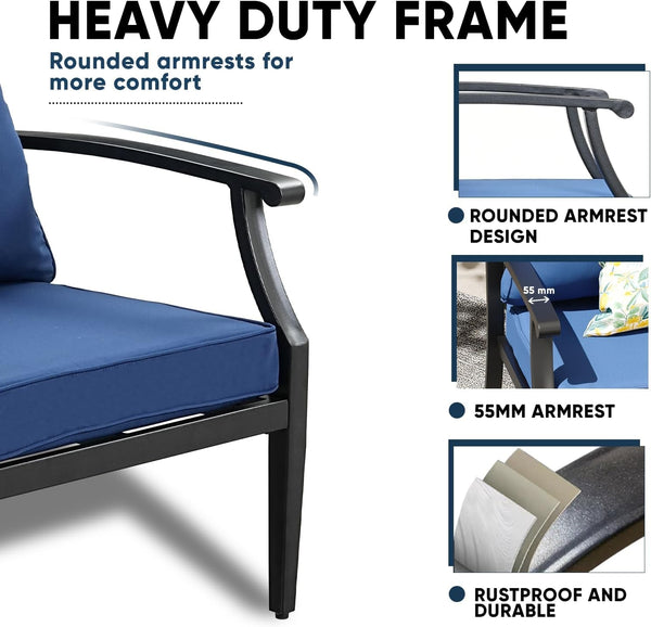 4 Piece Outdoor Patio Furniture Set, Oversized Metal Conversation Set with High Back & Deep Seating, Water-Repellent Cushions, Coffee Table for Porch, Deck, Backyard, Navy5