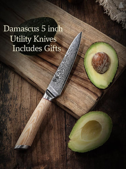 DONGSUN 5 Inch Damascus Utility & Steak Knife with North American Black Walnut Sheath, 67-Layer VG10 Forged Steel Japanese Kitchen Knife, Professional Durable Sharpness4