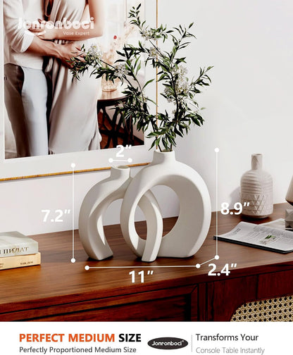 7.2″Hx8.9″H Donut Shape Decorative Vase Set of 2, Ceramic, Modern Minimalism Styles, Flowers or Plant Table Vases for Home Decor Living Room Shelf Entry Console Mantle Dining Centerpiece (Matte White)7