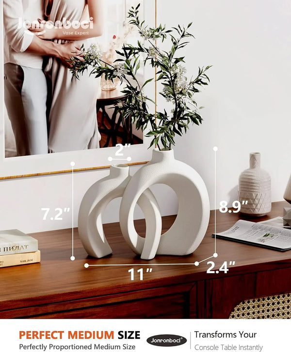 7.2″Hx8.9″H Donut Shape Decorative Vase Set of 2, Ceramic, Modern Minimalism Styles, Flowers or Plant Table Vases for Home Decor Living Room Shelf Entry Console Mantle Dining Centerpiece (Matte White)7