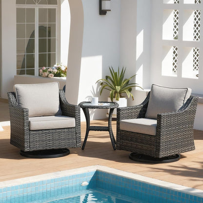 Patio Furniture Set 3 Pieces Luxury Outdoor Bistro with Swivel Rocker Chairs and Side Table, Easy Assembly Conversation Set for Porch Deck Balcony Yard in Gray Wicker and Beige Cushions1