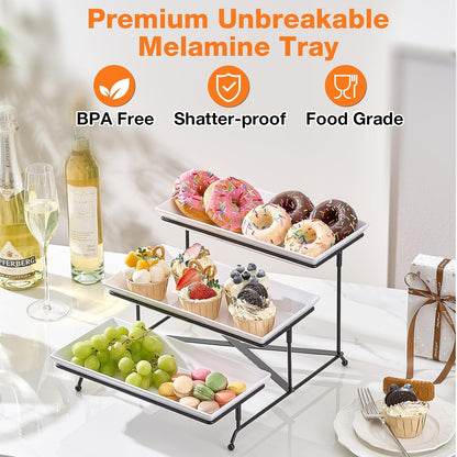 3 Tier Serving Tray Set, 12" Tiered Serving Trays Platters, Reusable Serving Tray for Party, Collapsible Sturdier Stand with Stable Cross Bars, Serving Platters for Veggie, Fruit, Dessert3