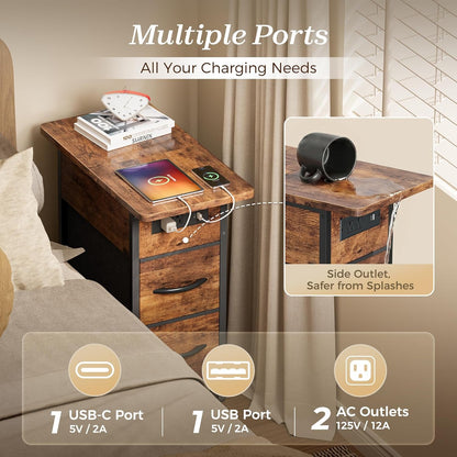 Narrow End Table with Charging Station, Side Table with 2 Drawers | Slim Night Stand with USB-C Port for Small Spaces, Flip Top Nightstand Bedside Couch Table, Living Room, Rustic Brown5