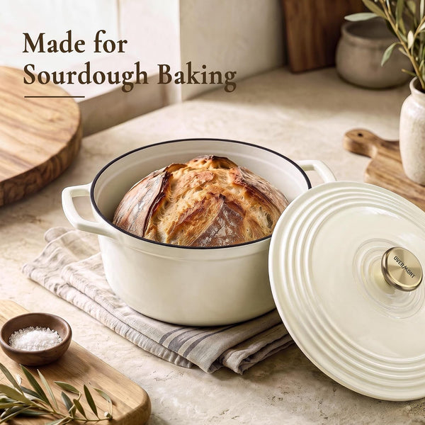 Enameled Cast Iron Dutch Oven - 5.5QT Pot with Lid Cookbook & Cotton Potholders - Heavy-Duty Cookware for Braising, Stews, Roasting, Sourdough Baking White2