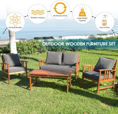 4 Pieces Acacia Wood Patio Furniture Set, Outdoor Seating Chat Set with Gray Cushions & Back Pillow, Conversation Set with Coffee Table, Ideal for Garden, Backyard, Poolside9