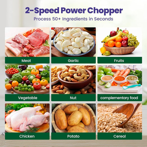 500W Meat Grinder 2×8-Cup Bowls 2 Blades Food Chopper | Glass+Stainless Bowl, Stainless Steel Blades for Meat/Veggies/Nuts. Easy to Clean, Ideal for Daily Kitchen Prep.6