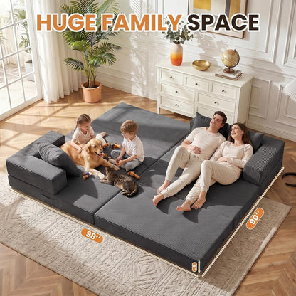 79" Modular Sectional Sofa, Boneless Convertible Sleeper Sofa Bed, Modern Tri-Folding Cloud Couch with L-Shape Chaise, Corduroy Futon for Living Room Small Spaces Apartment, No Assembly,Grey3