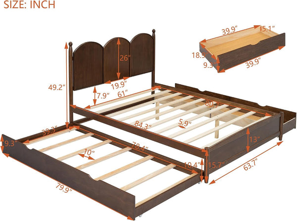Queen Size Platform Bed with 2 Storage Drawers and Twin XL Size Trundle, Rustic Design Wooden Bed Frame, Walnut2