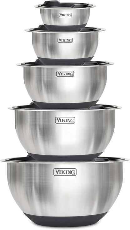 Viking Mixing Bowls Set, 10 Piece Stainless Steel Kitchen Cookware, Non-Slip Silicone Base, Includes Tight Fit Lids, Dishwasher Safe, Black1