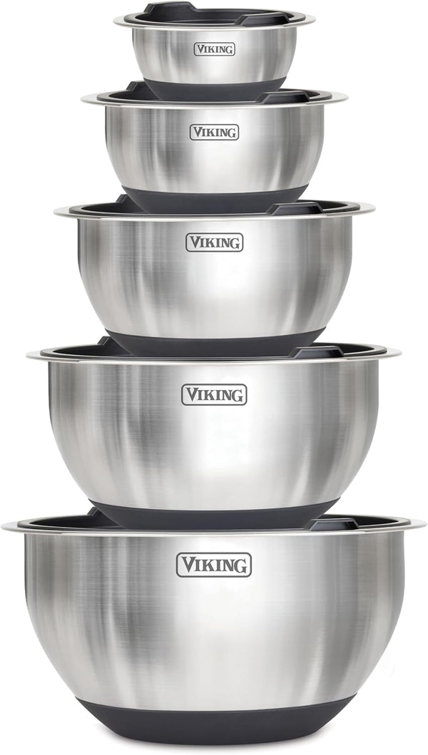 Viking Mixing Bowls Set, 10 Piece Stainless Steel Kitchen Cookware, Non-Slip Silicone Base, Includes Tight Fit Lids, Dishwasher Safe, Black1