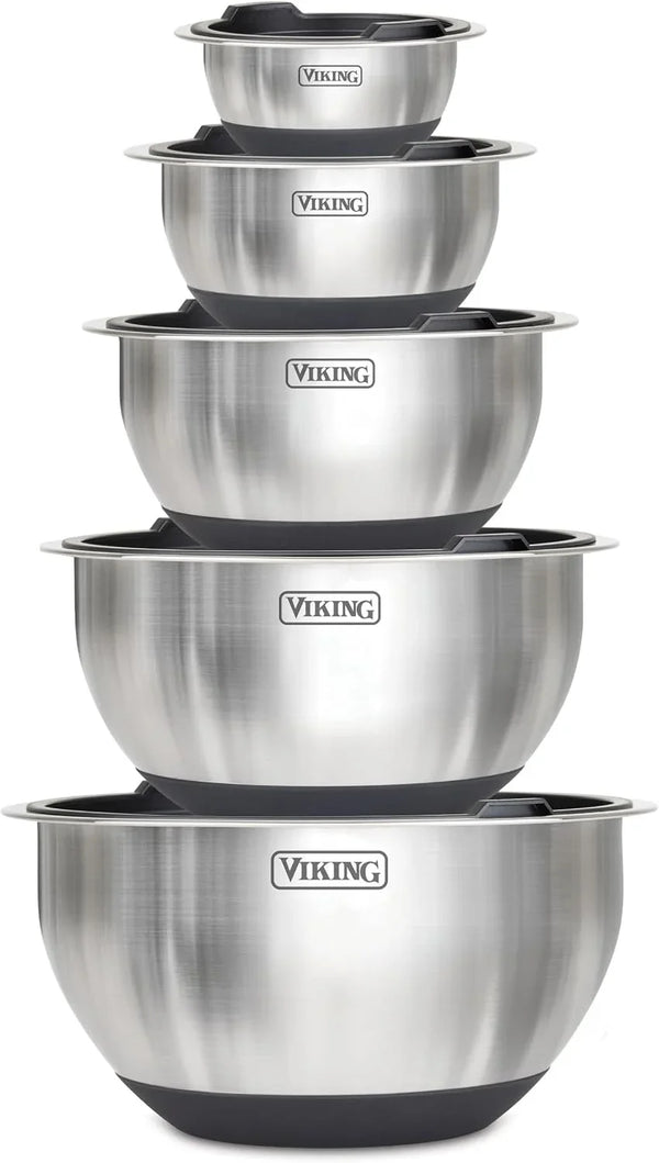 Viking Mixing Bowls Set, 10 Piece Stainless Steel Kitchen Cookware, Non-Slip Silicone Base, Includes Tight Fit Lids, Dishwasher Safe, Black1