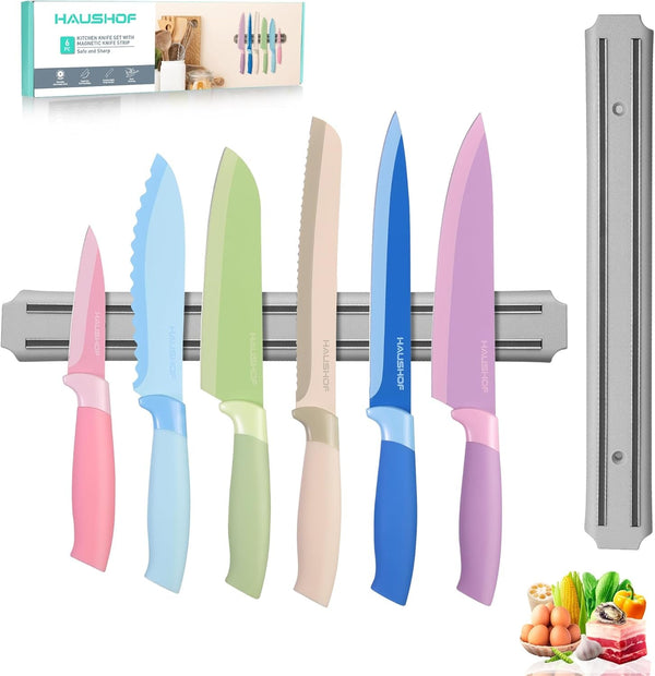 6PCS Colorful Kitchen Knife Set with Magnetic Knife Strip for Wall | Knives Set for Kitchen, Non-Stick Coated Stainless Steel Blades for Slicing, Dicing, Magnetic Knife Holder for Storage1