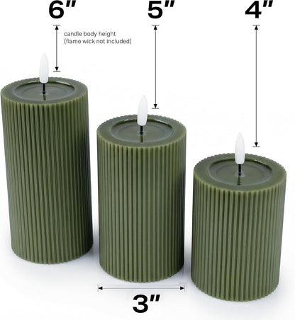 Ribbed Fluted Real Wax Flameless LED Pillar Candles, Loden Sage Olive Green, Melted-Wax Top Look, Flickering Flame, Battery Operated, Remote & Timer, Shelf & Wedding Decor (Set of 3)4