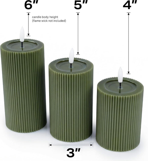Ribbed Fluted Real Wax Flameless LED Pillar Candles, Loden Sage Olive Green, Melted-Wax Top Look, Flickering Flame, Battery Operated, Remote & Timer, Shelf & Wedding Decor (Set of 3)4