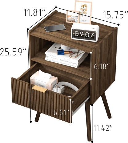 Nightstand,Modern Bedside Table with Storage Drawer and Open Wood Shelf, for Living Room, Bedroom and Small Spaces, Accent Night Stand with Solid Wood Legs, Easy Assembly,Walnut Brown2