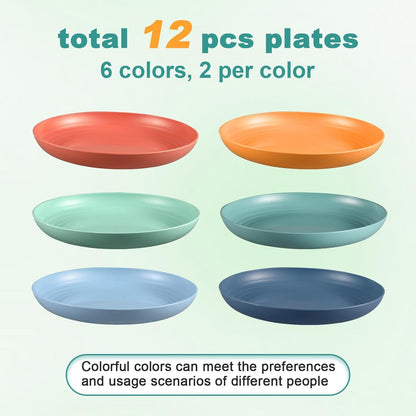 12 Pcs Unbreakable Deep Dinner Plates Set, 10 Inch Reusable Plastic Wheat Straw Plates, Microwave and Dishwasher Safe Plate for Kitchen, Lightweight Plate for Dessert, BPA Free, 6 Colors3