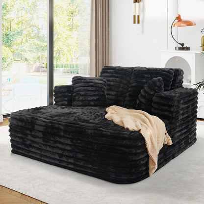 56" Oversized Chaise Lounge Chair Indoor,Plush Faux Fur Sleeper Sofa Couch Bed with Pillows&Wide Armrests,Fluffy Comfy Cloud Couch,Compression Foam Couch for Living Room,Bedroom(Black)1