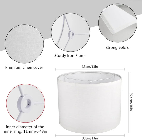 White Lamp Shade, Drum Lamp Shade for Table Lamps Floor Lamp, 13" Top X 13" Bottom X 10" High White Large Line Fabric Lamp Shade, Easy Assembly Replacement Lampshade3